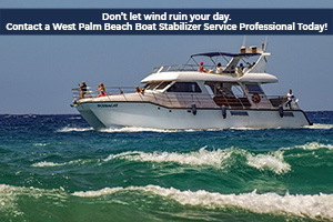Don't let wind ruin your day. Contact a West Palm Beach Boat Stabilizer Service Professional Today! in white font on blue bar over large ship in wavy seas